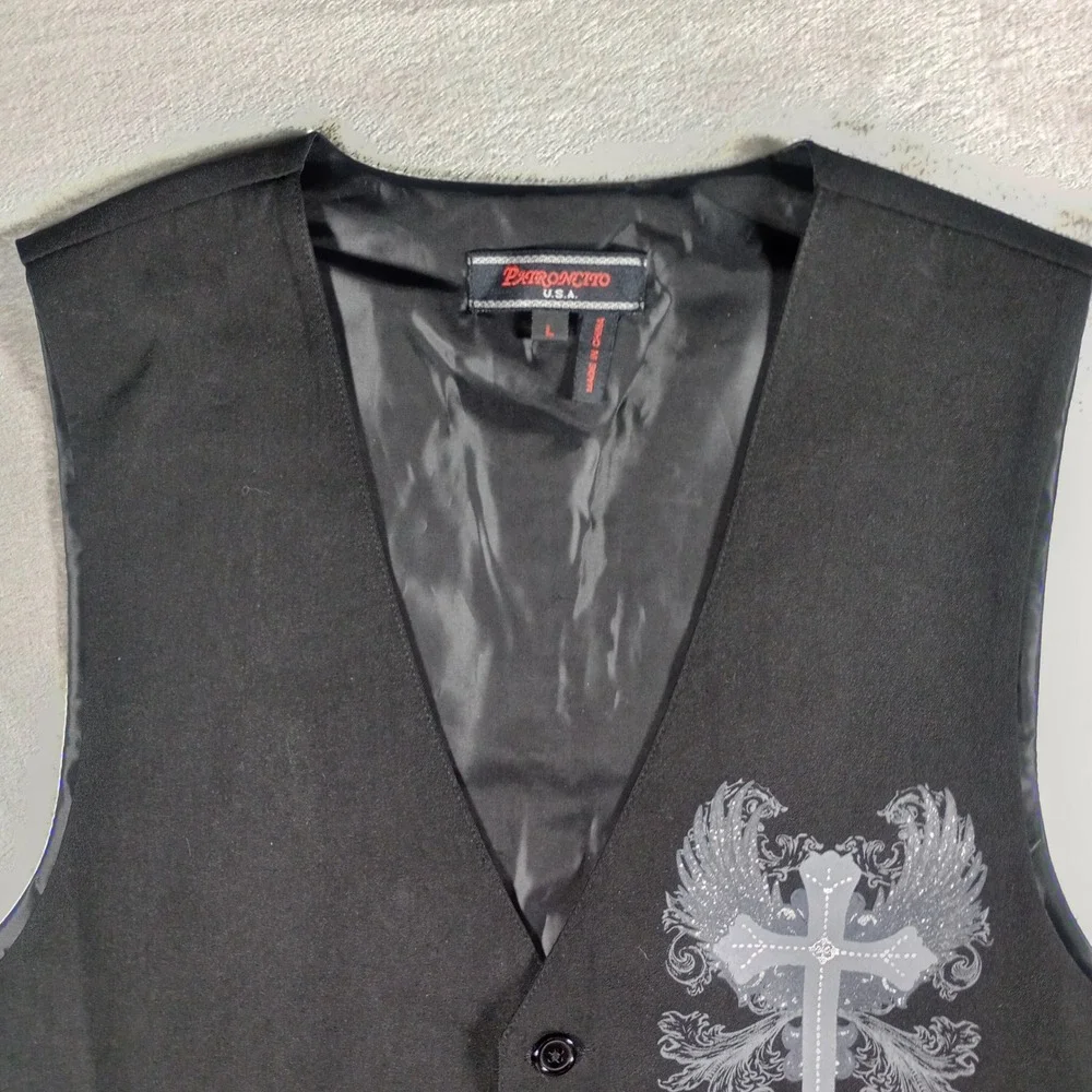Patroncito USA Vest Mens Large Black Winged Cross Graphic Gothic Biker Emo Punk